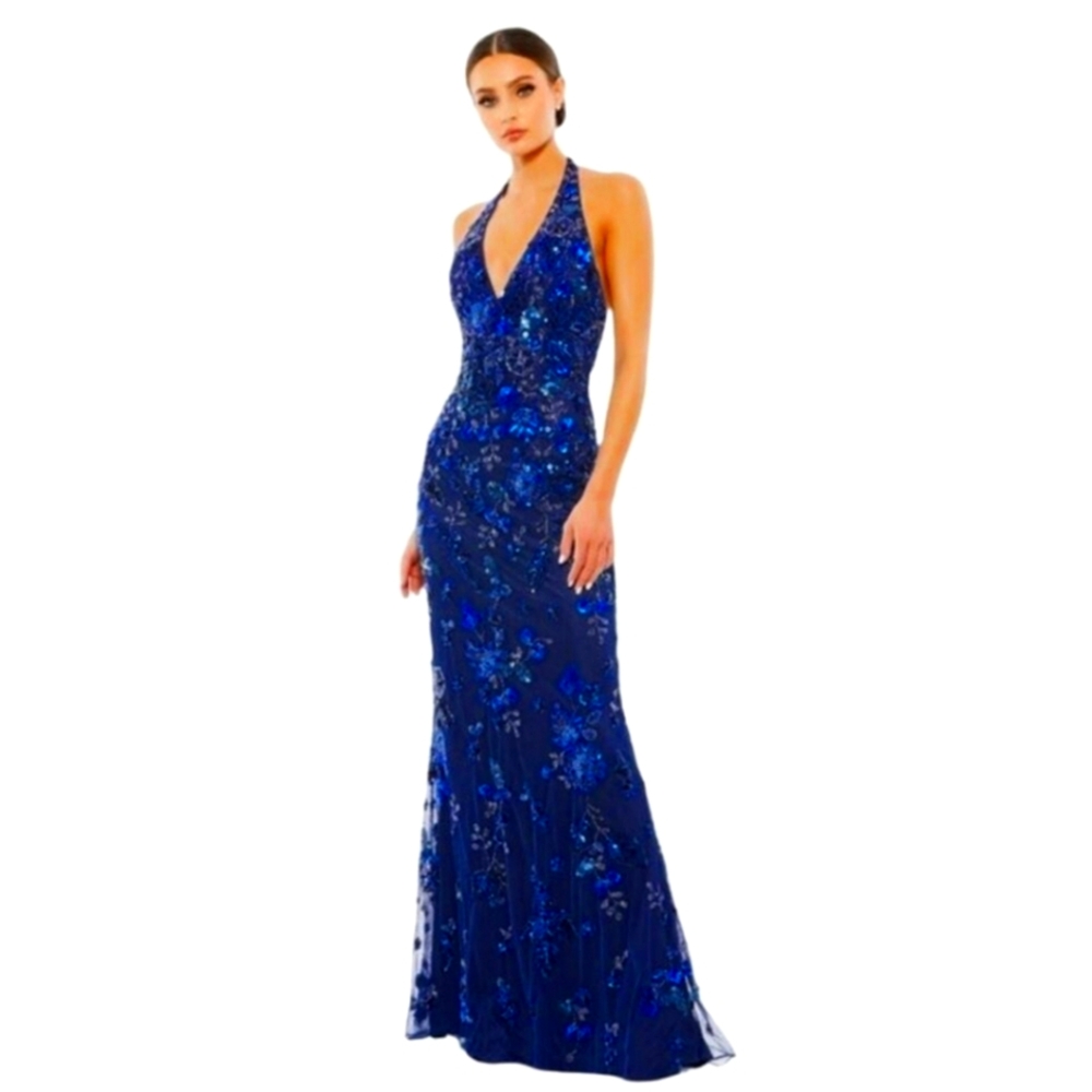 Mac Duggal Royal Blue Sequin Halter Maxi Dress
